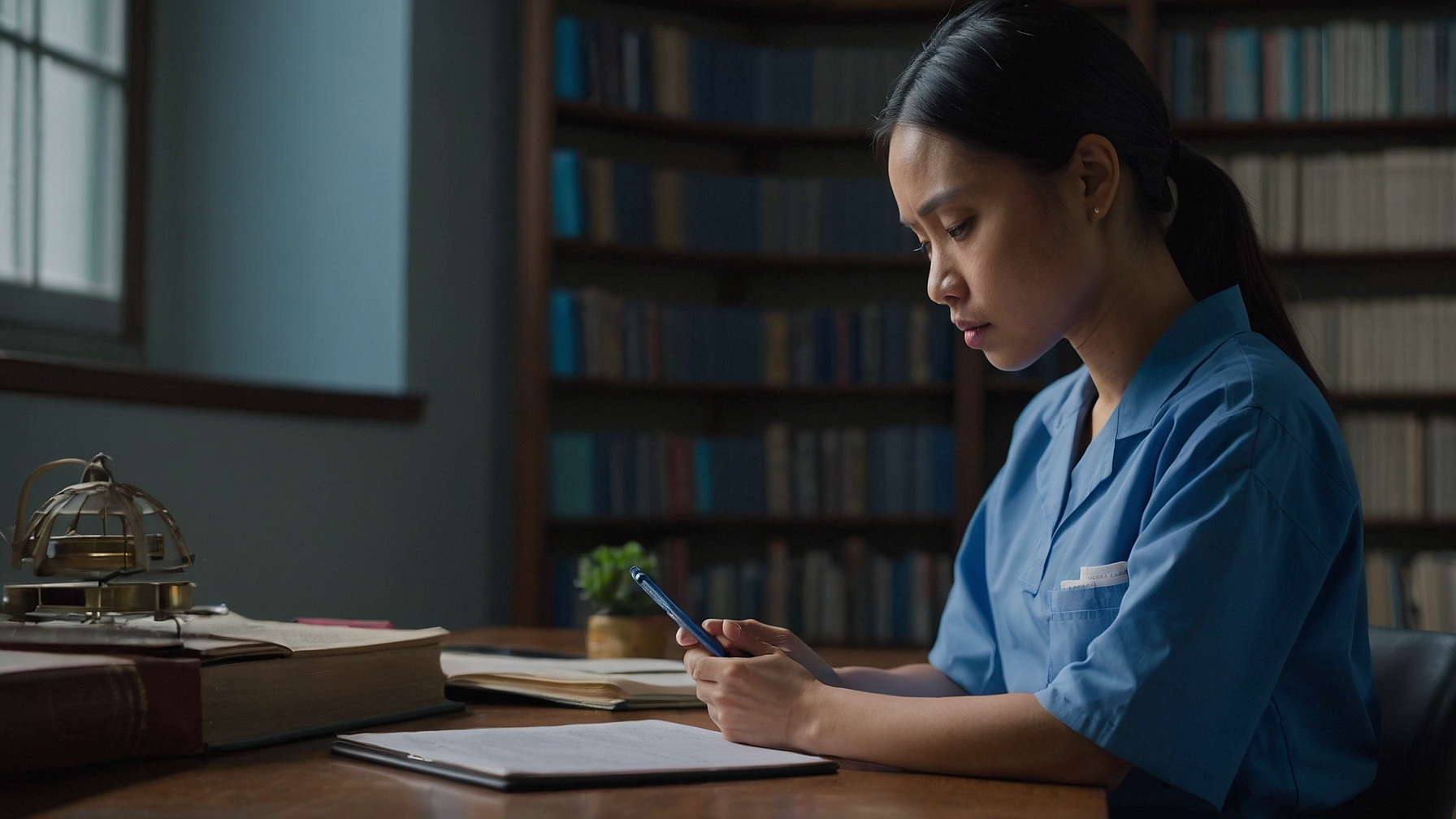 Filipino nurse in blue scrubs using tablet in library study environment